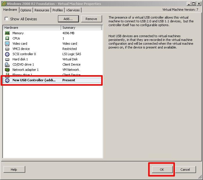 VM Properties > Hardware > Choose USB device VM Properties > Hardware > Choose USB device