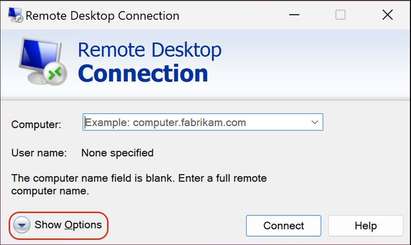 remote desktop show options