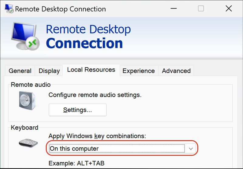combinações de teclas do Windows na área de trabalho remota
