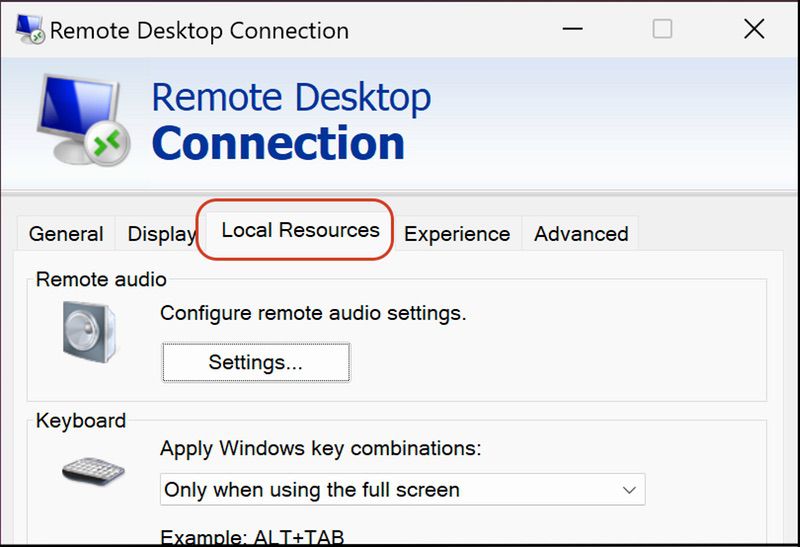 remote desktop local resources