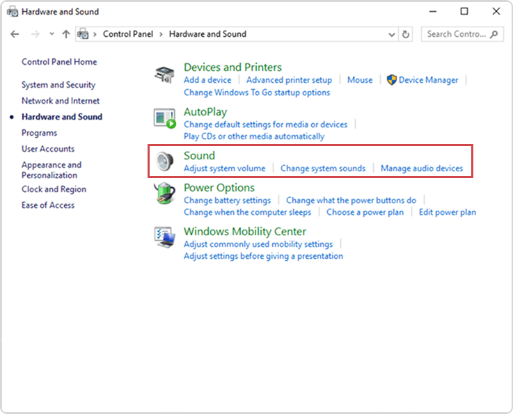 Control Panel - Hardware and Sound Settings