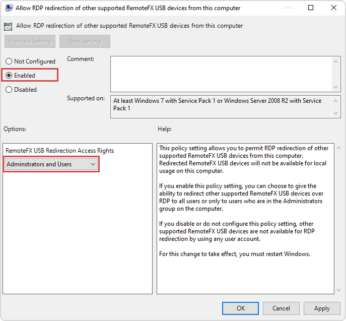 Enable RDP USB Redirection