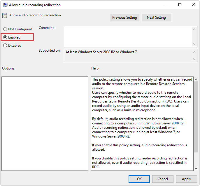 Enable Audio Recording Redirection