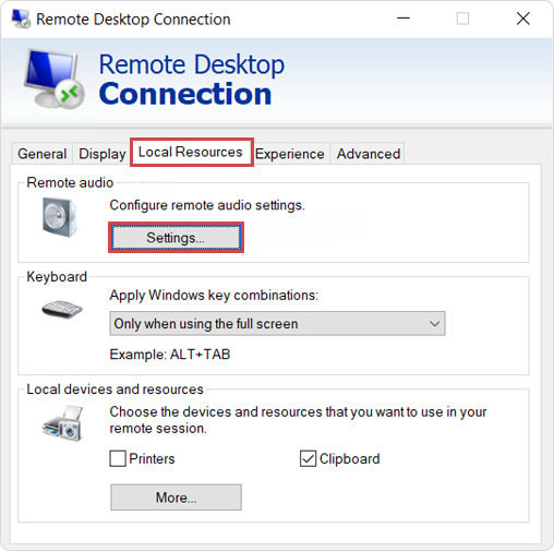 Remote Desktop Connection - Local Resources Tab