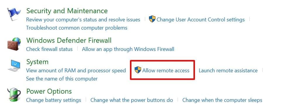  permitir panel de control de acceso remoto