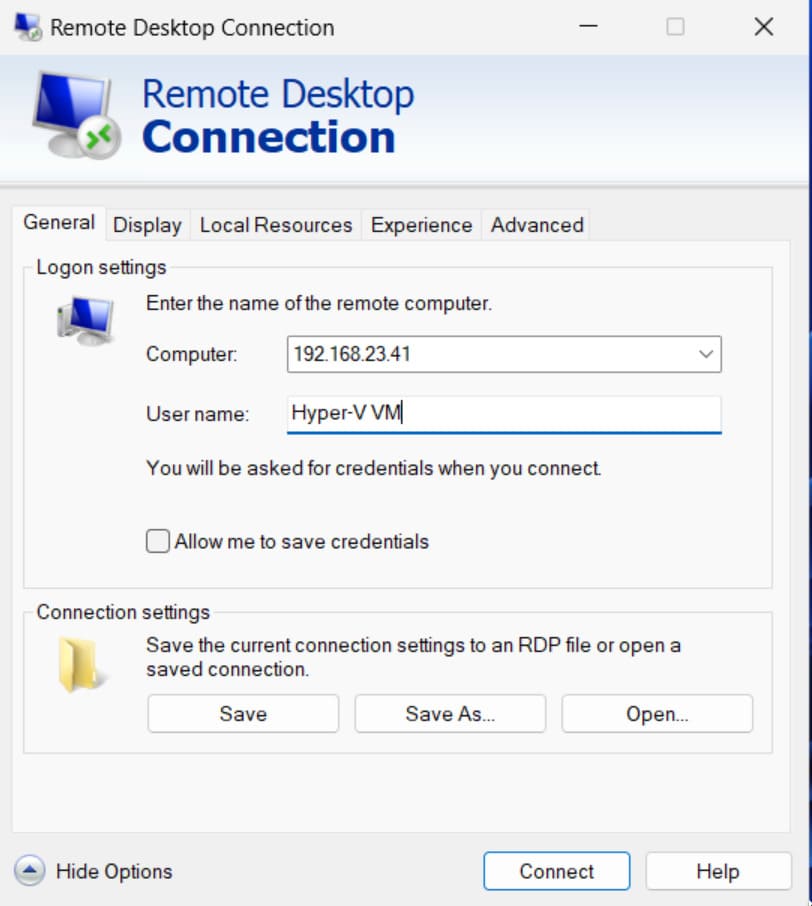  connettersi a hyper-v VM su rdp