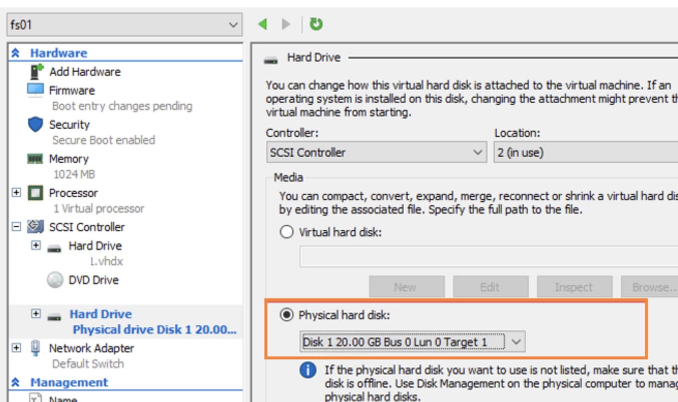  add physical hard disk to Hyper-V