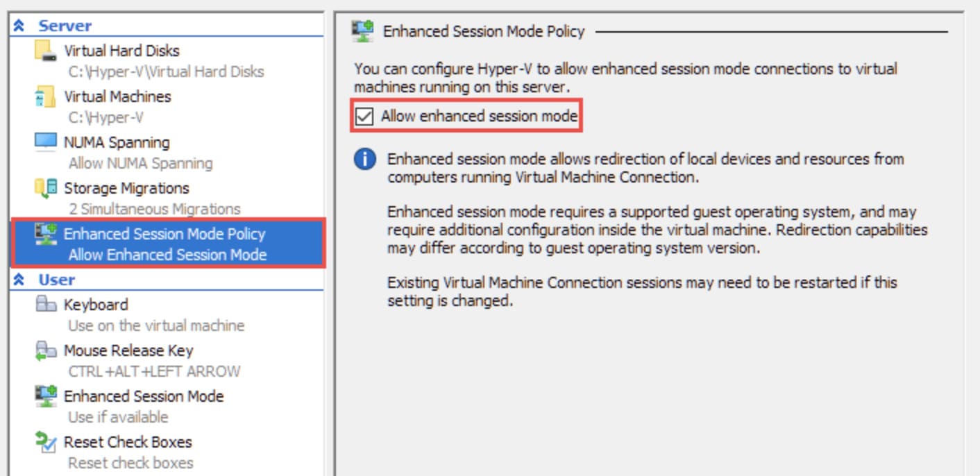  allow enhanced session mode hyper-v