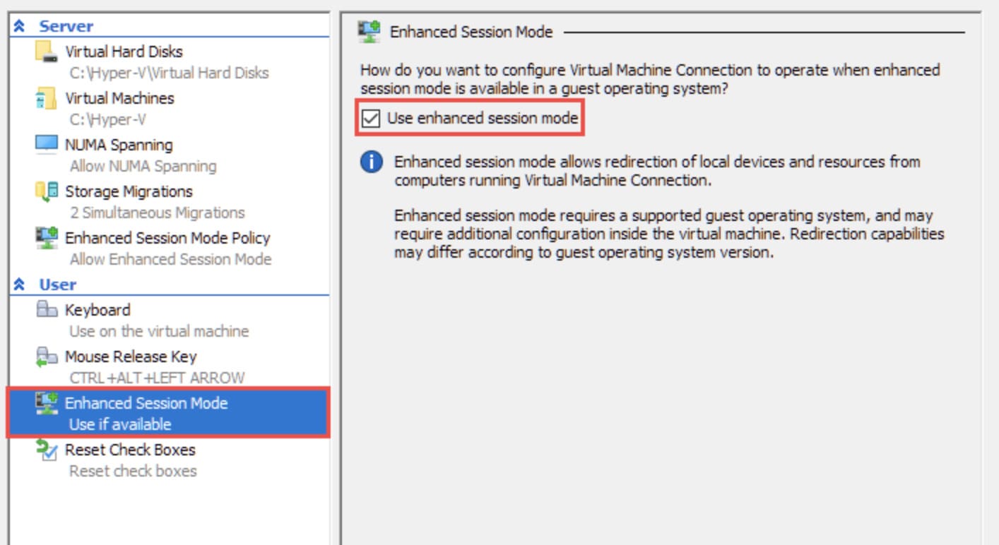  utiliser le mode session amélioré en hyper-v