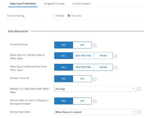 La consola de Workspace ONE UEM tiene tres pestañas: Prevención de pérdida de datos, Grupos asignados y Autenticación