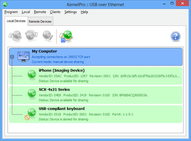 Remotely access USB devices over