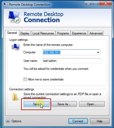 Guardar la configuración de la conexión RDP