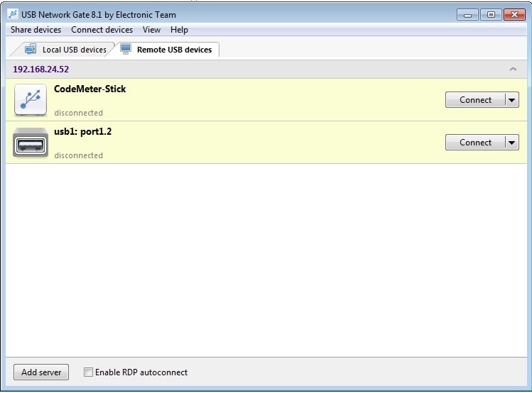 Connessione client Gate di rete USB