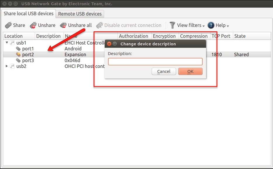 USB Redirector Server: Beschreibungsfeld