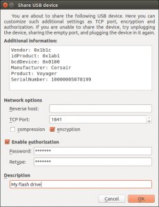 Onglet Option pour partager un périphérique USB (version Linux)