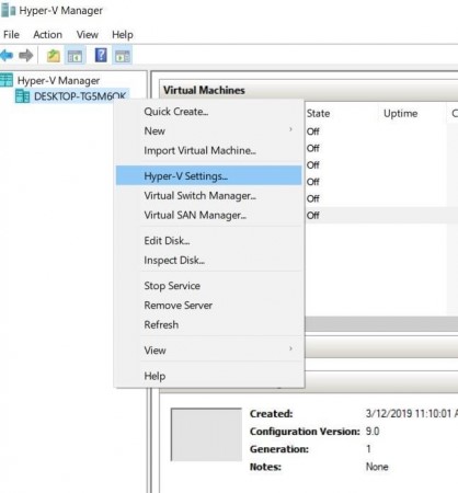 Click on Hyper-V Settings in the menu