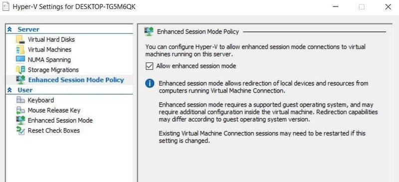 The Allow enhanced session mode box can be found in the right pane.
