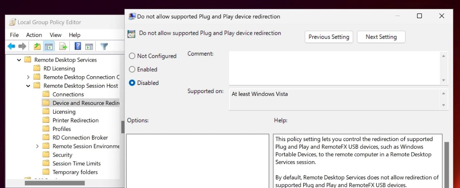  Desativar redirecionamento de dispositivo Plug and Play