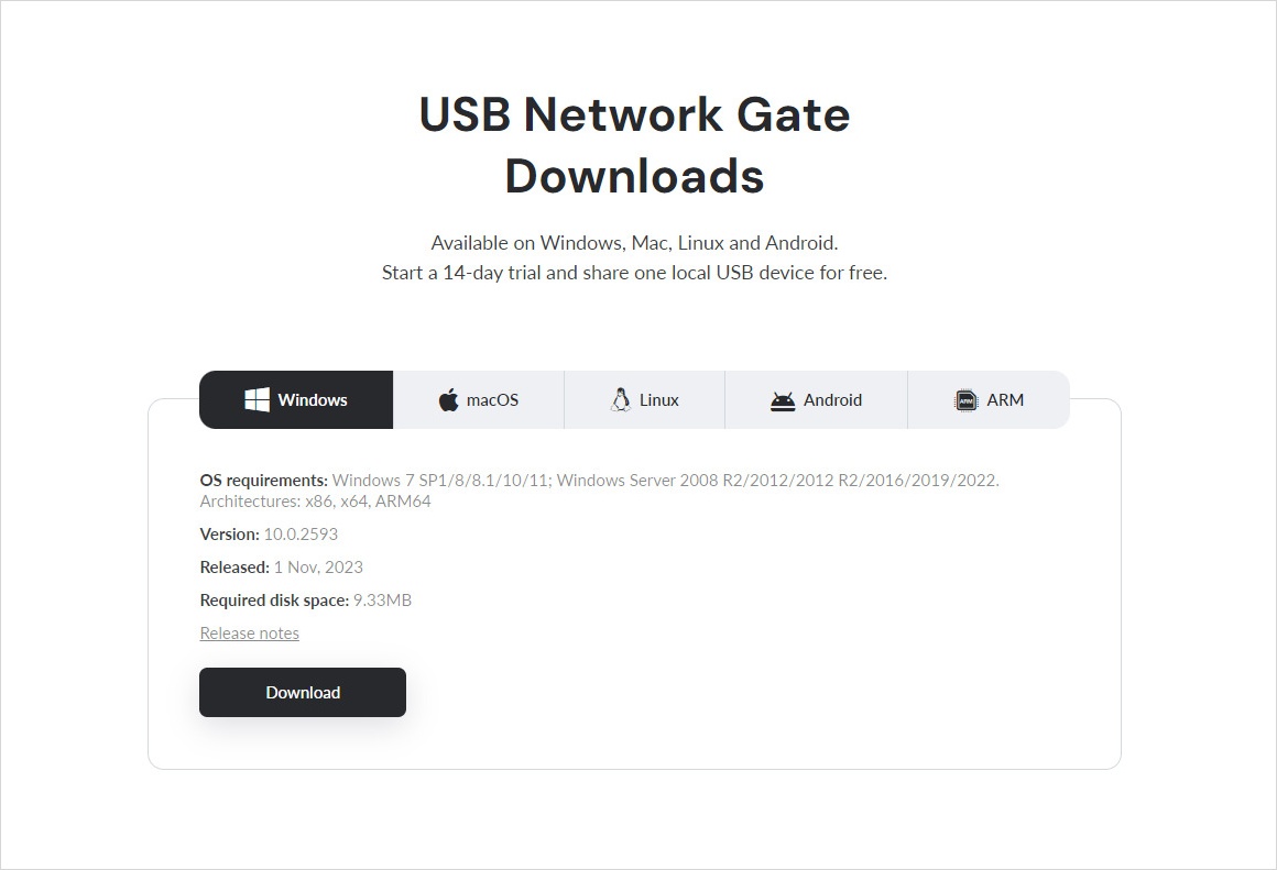 download and install the USB Network Gate