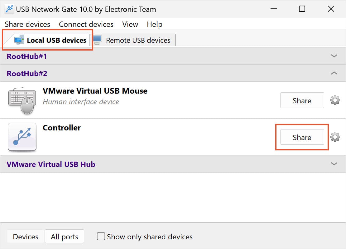  escolha o scanner USB desejado a partir de USB Network Gate 