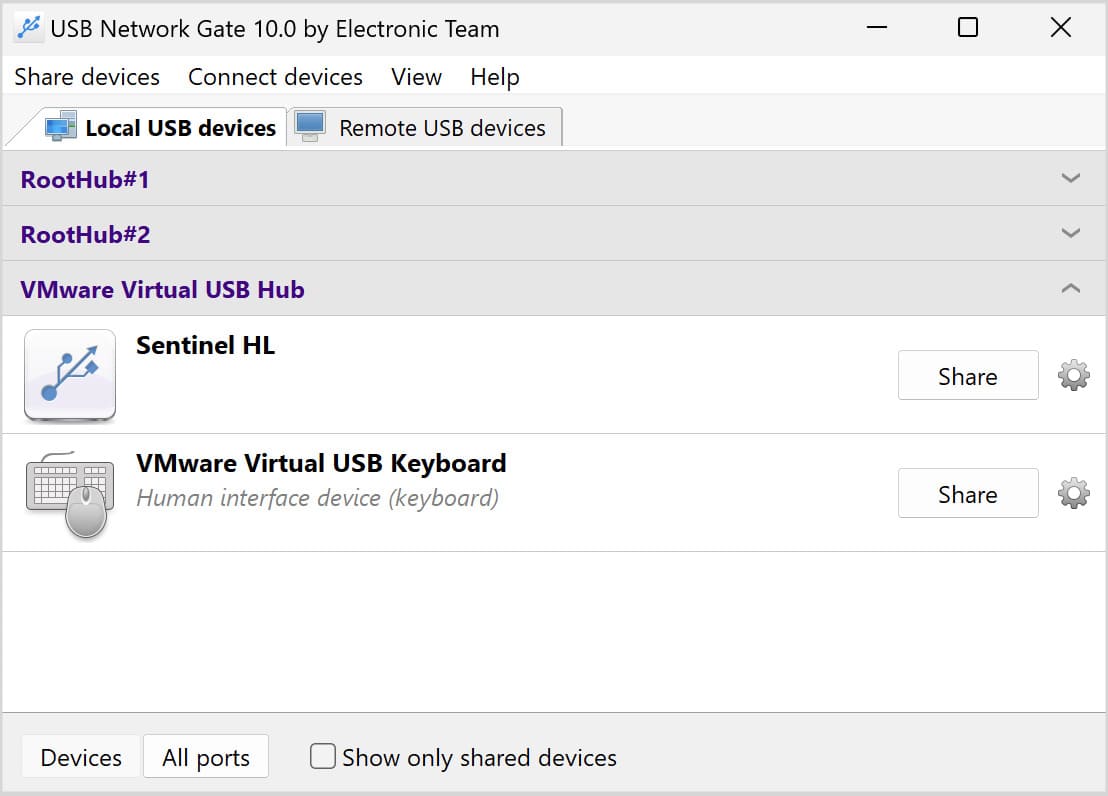  Acesse a guia 'Compartilhar dispositivos USB' e selecione o dispositivo USB (versão Windows).