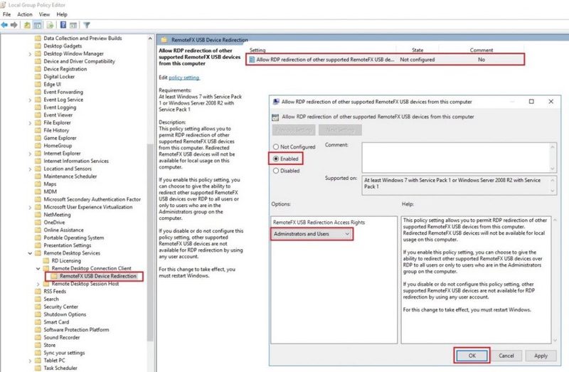 give access to remotefx usb redirection