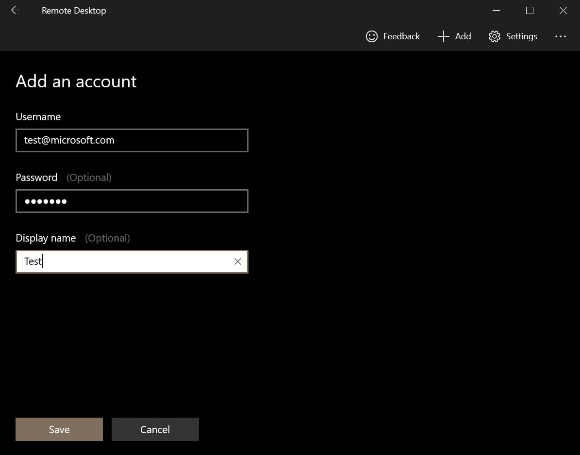 remote desktop add account
