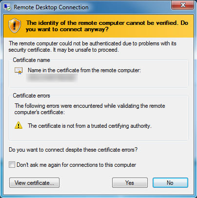 remote computer not verified remote desktop
