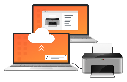 Dois laptops. O laptop em primeiro plano tem uma impressora conectada e está conectado à nuvem. O laptop em segundo plano mostra a impressora em sua tela.