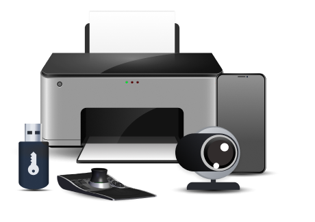 Various USB hardware. A printer, a USB drive, a 3D mouse, a webcam and a smartphone are depicted.
