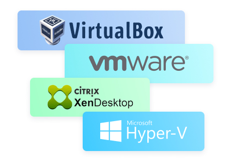 Logos of different virtual machine software. VirtualBox, VMware, Citrix XenDesktop, and Microsoft Hyper-V.
