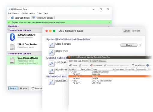 The interfaces of USB Network Gate versions for Windows, macOS, and Linux.