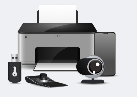An assortment of USB devices, including a printer, a flash drive, a 3D mouse, a webcam, and a smartphone.