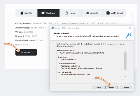 The Download button for the USB Network Gate installer is located on its website. It must be launched and the setup must be completed before the next step.