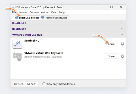The Local USB Devices tab should be opened by default, but if it isn’t, switch it near the top of the window. The Share buttons are on the right, next to their respective device on the list.