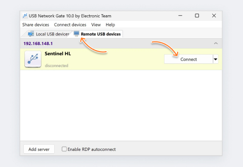 Vous pouvez cliquer sur l’onglet Périphériques USB distants dans la partie haute de la fenêtre de l’application. Le bouton Connexion se trouve à droite de chaque périphérique.