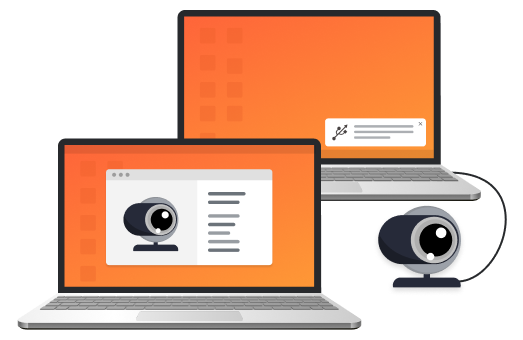 Dois laptops, um com uma webcam conectada e o outro exibindo a webcam e suas configurações.