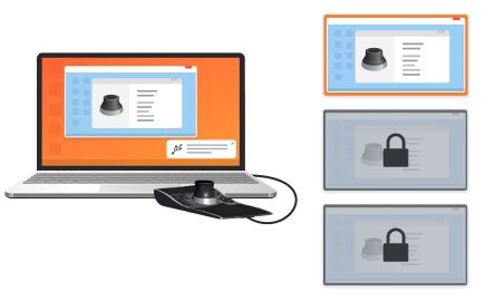 A computer with a 3D mouse. To the right, three desktop sessions with the mouse are shown. Two of them are locked.