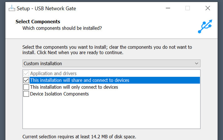  Configuración de instalación de USB Network Gate – instalación completa en el equipo anfitrión