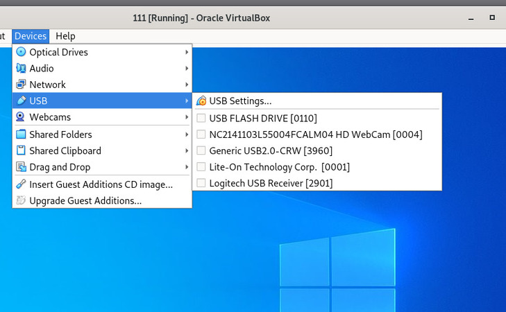  Selección del dispositivo USB en una máquina virtual en ejecución