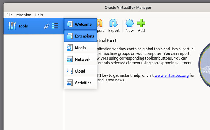
Acceso al menú de Extensiones desde VirtualBox Manager