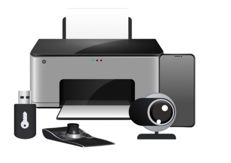 Un assortimento di dispositivi USB, inclusi una stampante, una chiavetta flash, un mouse 3D, una webcam ed uno smartphone.