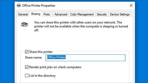 Captura de tela das Propriedades de Impressora do Office