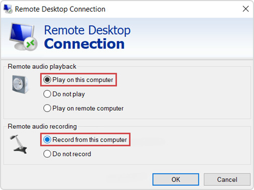 Connexion Bureau à distance – Paramètres audio