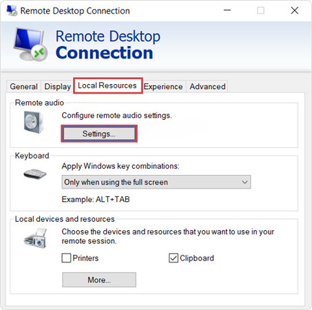 Connexion Bureau à distance – Onglet Ressources locales
