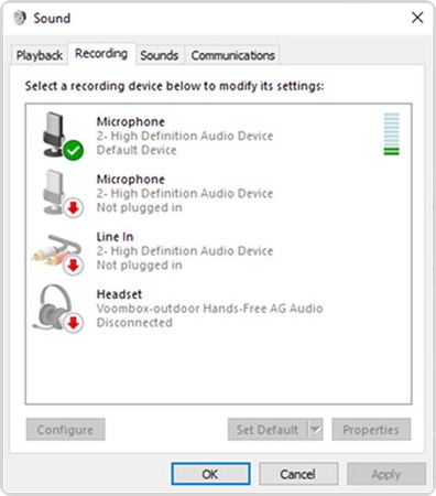 Fenêtre des paramètres audio
