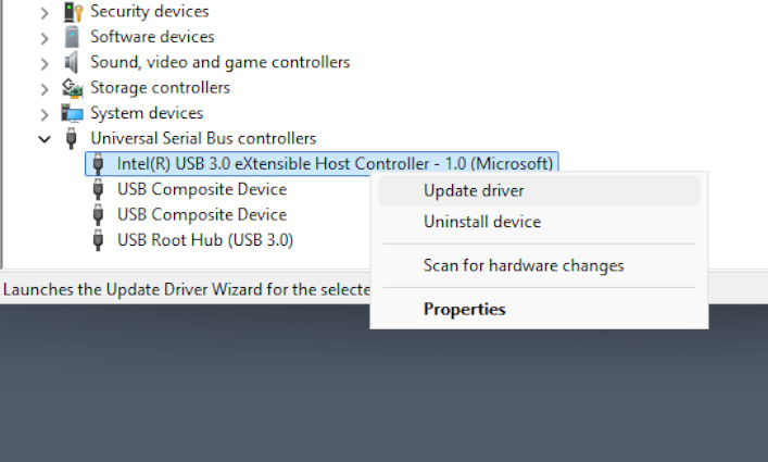  Context menu for the eXtensible Host Controller