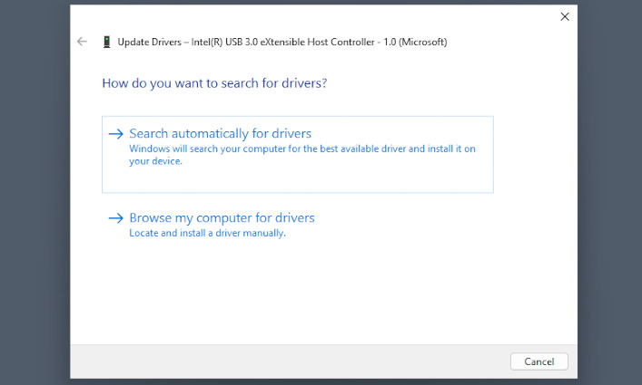  The Windows Update driver search dialogue