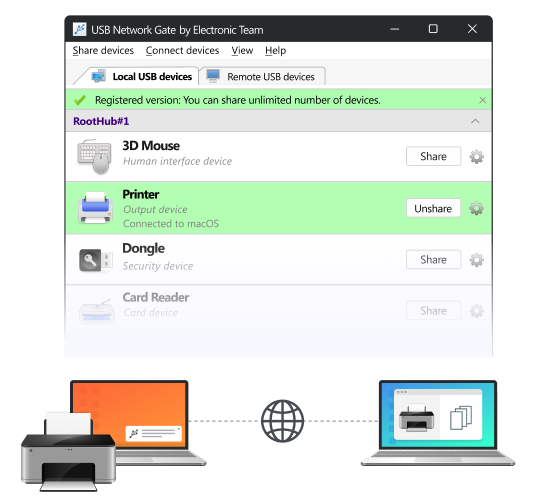 Dois computadores conectados em uma rede, um deles com uma impressora conectada. Uma janela do USB Network Gate em segundo plano.