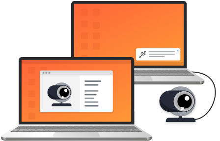 Zwei Laptops, an einem ist eine Webcam angeschlossen, der andere zeigt die Webcam und ihre Einstellungen an.